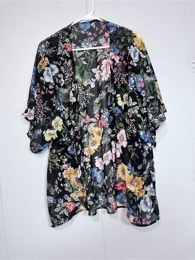 Floral Sheer Kimono Cardigan Cover Up Black Multicolor Boho Women’s Medium